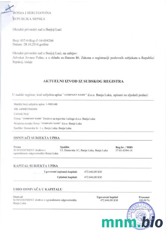 Bośnia I Hercegowina certyfikat rejestracji Word i PDF szablon